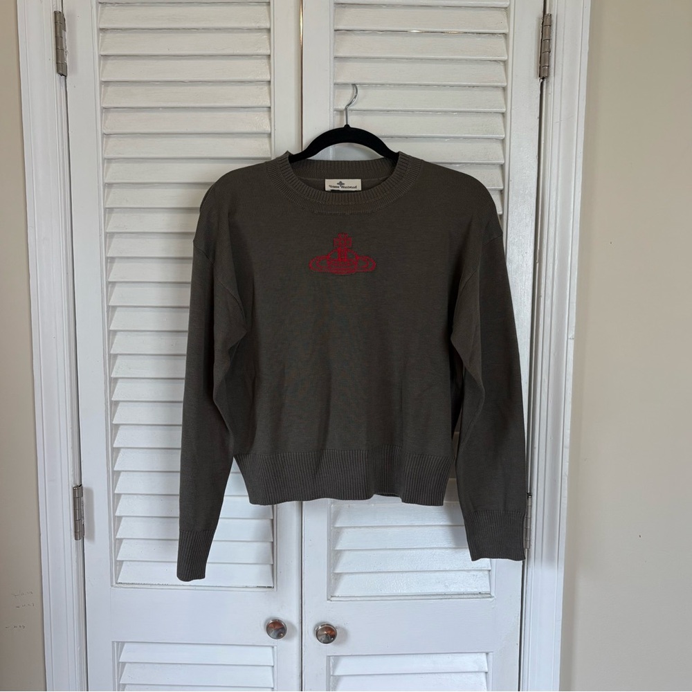 Vivienne Westwood Olive Green Crewneck Sweater with Red Logo